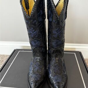 Lucchese Black and Blue Floral Cowboy Boots
